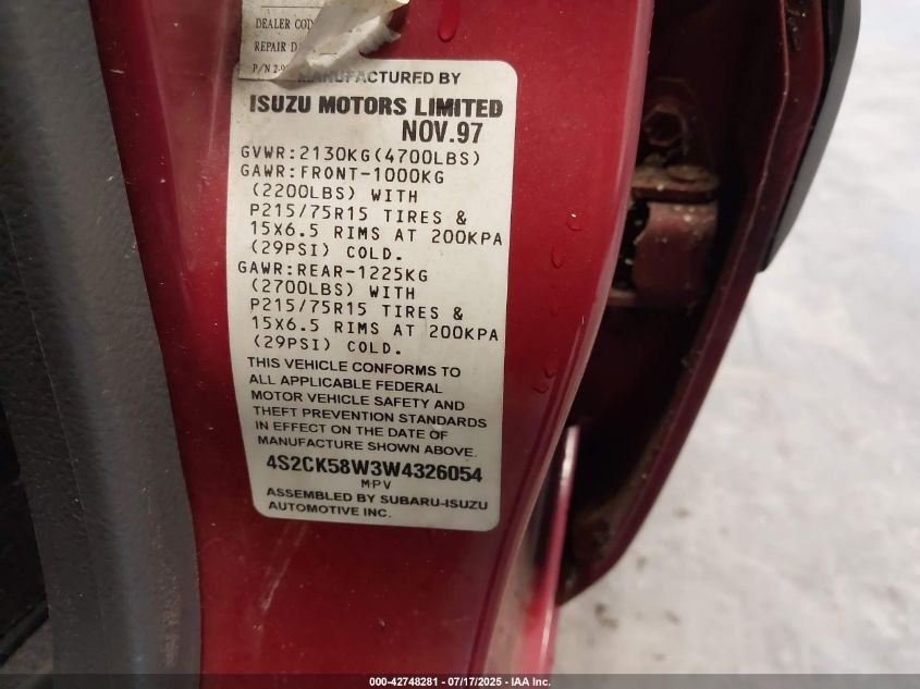 1998 Isuzu Rodeo Ls/S VIN: 4S2CK58W3W4326054 Lot: 42748281