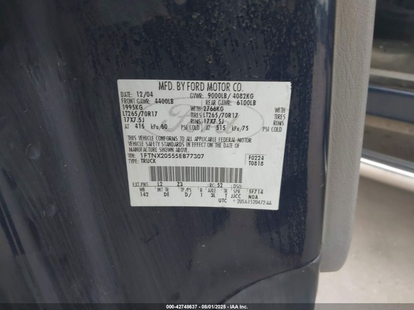 2005 Ford F-250 Lariat/Xl/Xlt VIN: 1FTNX20555EB77307 Lot: 42748637