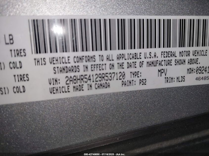 2009 Chrysler Town & Country Touring VIN: 2A8HR54129R537120 Lot: 42748690