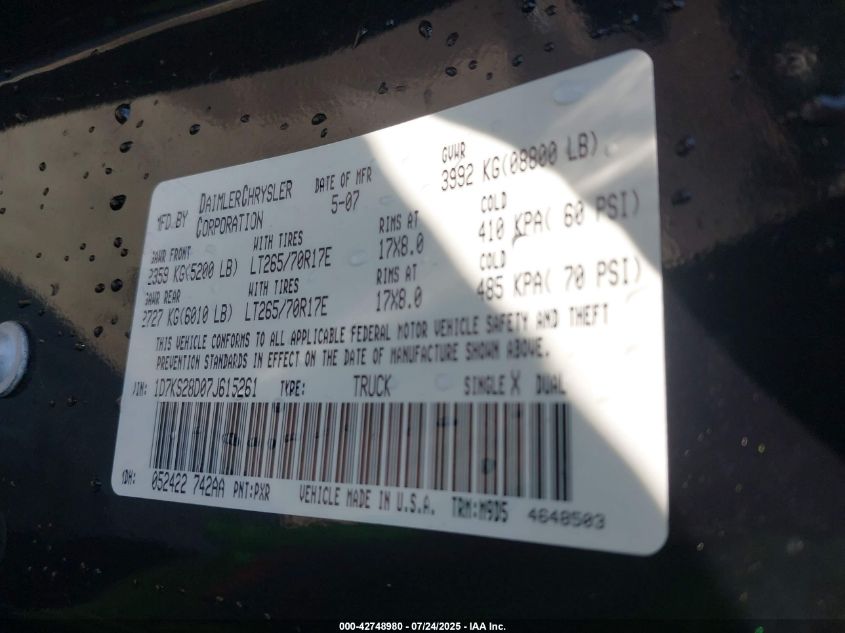 2007 Dodge Ram 2500 Slt/Trx4 Off Road/Sport/Power Wagon VIN: 1D7KS28D07J615261 Lot: 42748980