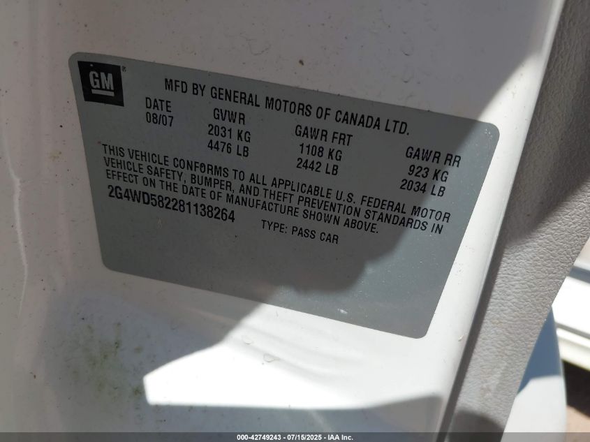 2008 Buick Lacrosse Cxl VIN: 2G4WD582281138264 Lot: 42749243