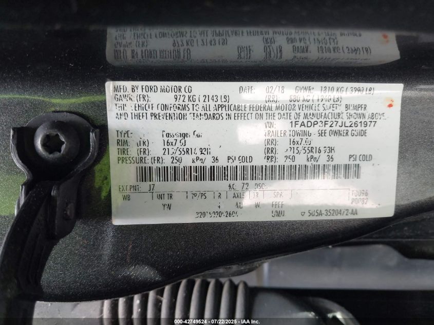 2018 Ford Focus Se VIN: 1FADP3F27JL261977 Lot: 42749524