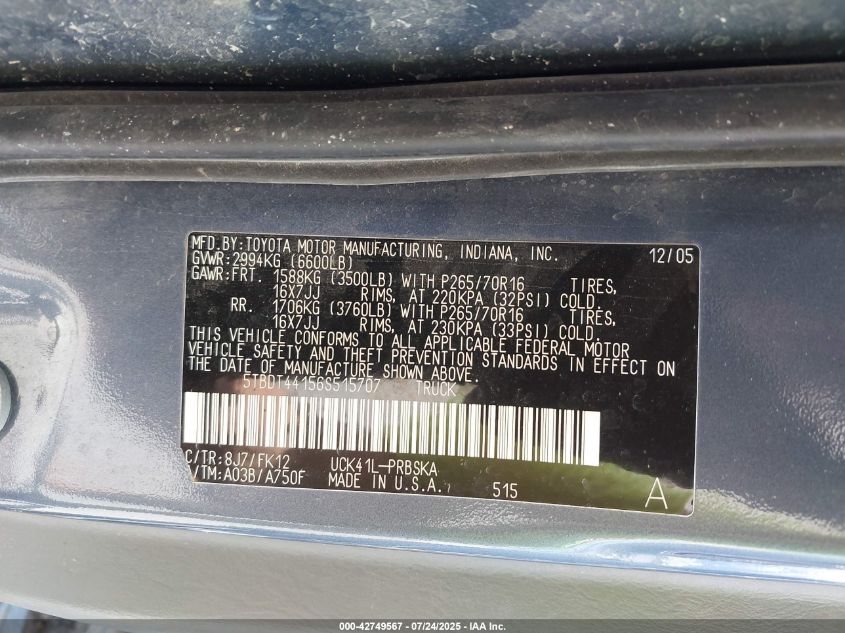 2006 Toyota Tundra Sr5 V8 VIN: 5TBDT44156S515707 Lot: 42749567