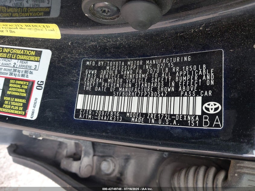 2015 Toyota Corolla Le VIN: 5YFBURHE7FP280547 Lot: 42749748