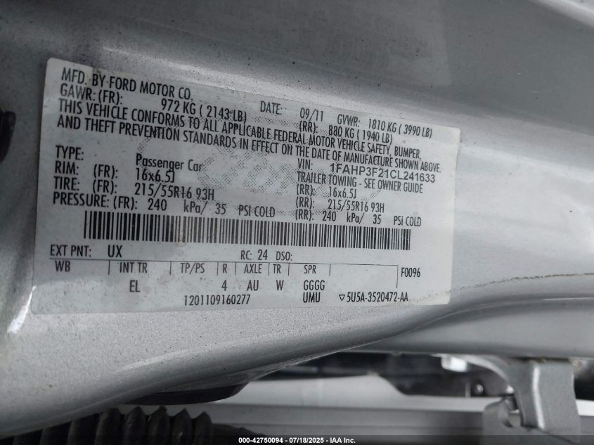 2012 Ford Focus Se VIN: 1FAHP3F21CL241633 Lot: 42750094