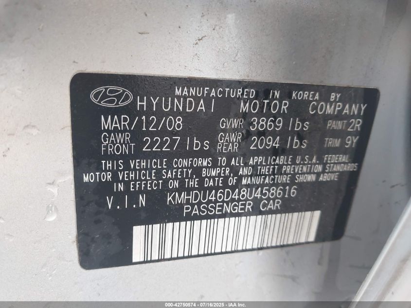 2008 Hyundai Elantra Gls/Se VIN: KMHDU46D48U458616 Lot: 42750574