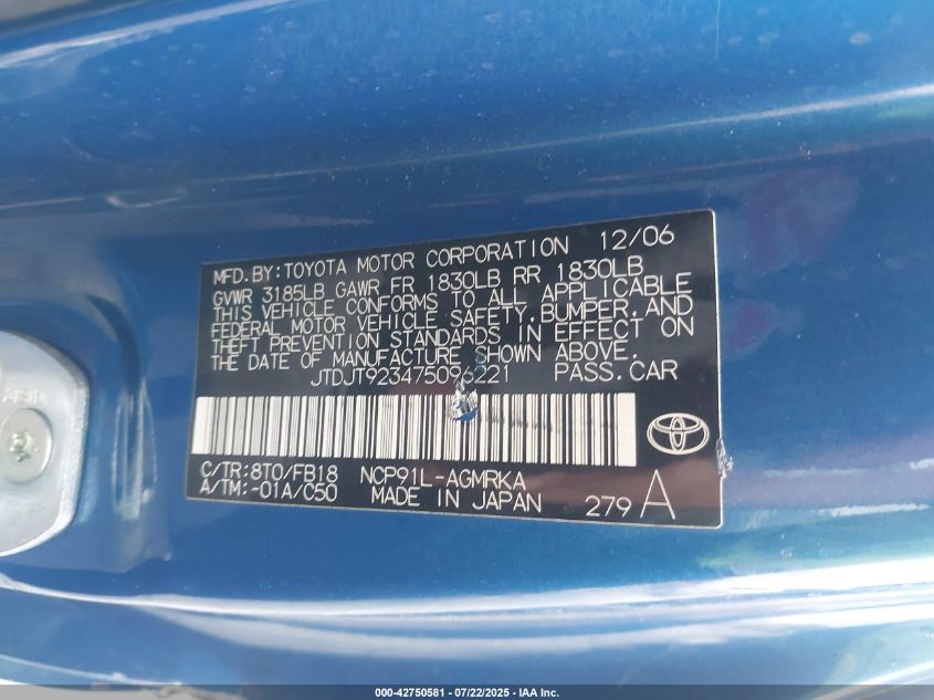 2007 Toyota Yaris VIN: JTDJT923475096221 Lot: 42750581