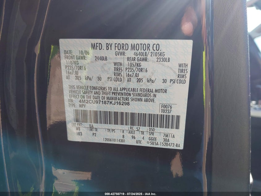 2007 Mercury Mariner Premier VIN: 4M2CU97187KJ16298 Lot: 42750719