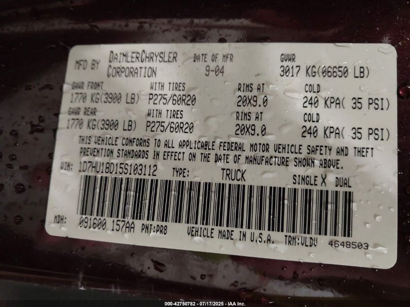 2005 Dodge Ram 1500 Slt/Laramie VIN: 1D7HU18D15S103112 Lot: 42750782
