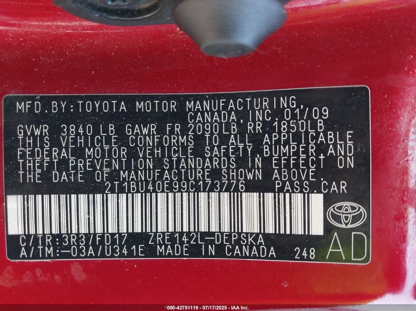 2009 Toyota Corolla S VIN: 2T1BU40E99C173776 Lot: 42751119