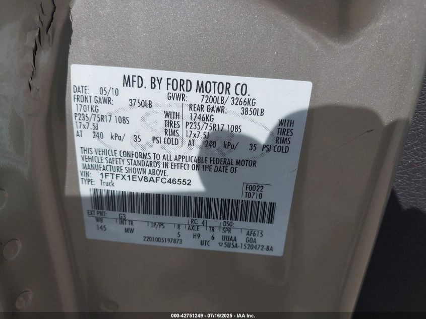 2010 Ford F-150 Fx4/Lariat/Xl/Xlt VIN: 1FTFX1EV8AFC46552 Lot: 42751249