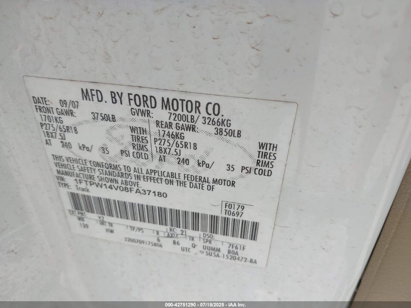 2008 Ford F-150 60Th Anniversary/Fx4/King Ranch/Lariat/Xlt VIN: 1FTPW14V08FA37180 Lot: 42751290