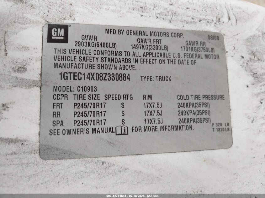 2008 GMC Sierra 1500 Work Truck VIN: 1GTEC14X08Z330884 Lot: 42751641