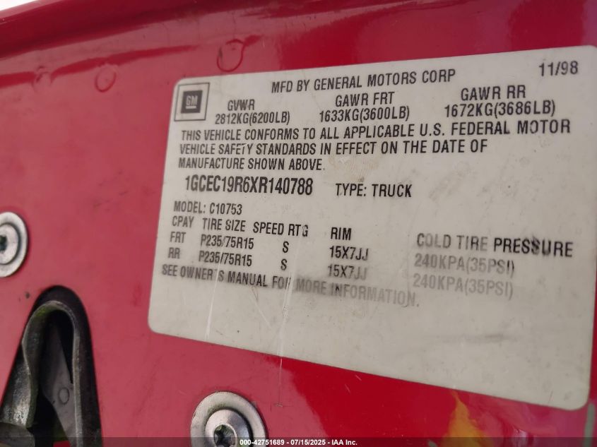 1999 Chevrolet C1500 Ls VIN: 1GCEC19R6XR140788 Lot: 42751689