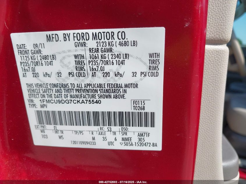 2012 Ford Escape Xlt VIN: 1FMCU9DG7CKA75540 Lot: 42752003