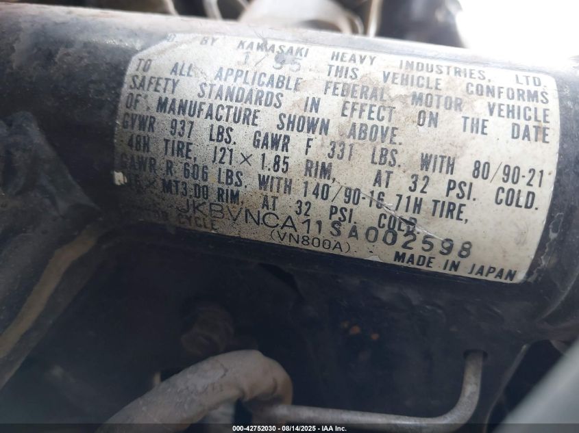 1995 Kawasaki Vn800 VIN: JKBVNCA11SA002598 Lot: 42752030