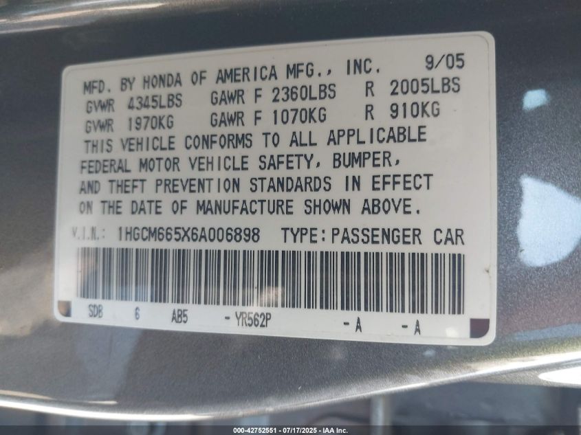 2006 Honda Accord VIN: 18GCM665X6A006898 Lot: 42752551