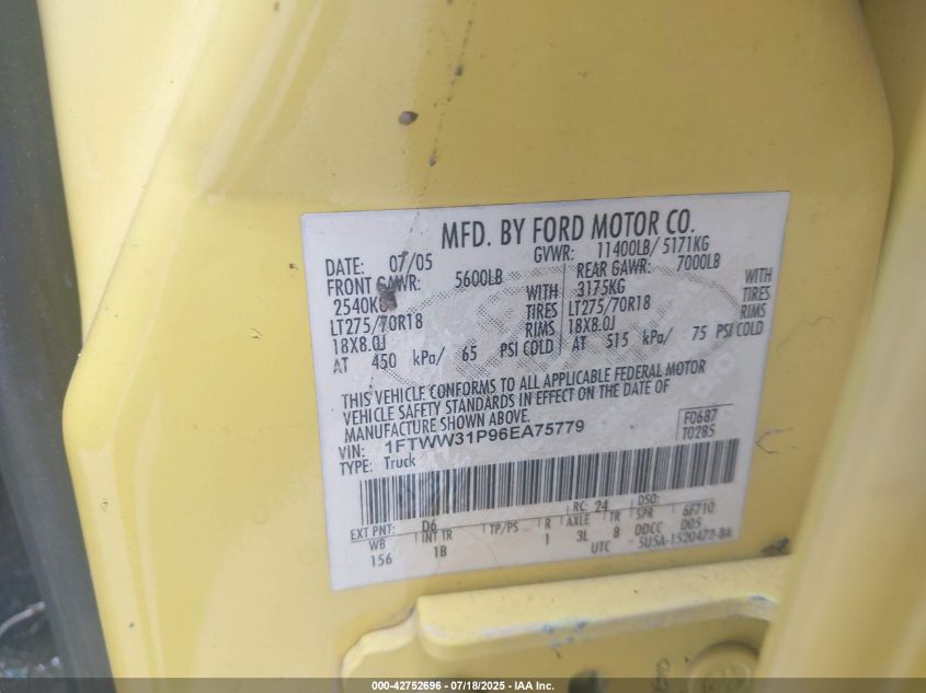 2006 Ford F-350 Lariat/Xl/Xlt VIN: 1FTWW31P96EA75779 Lot: 42752696