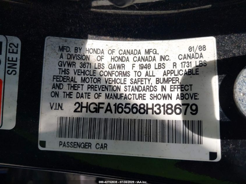 2008 Honda Civic Lx VIN: 2HGFA16568H318679 Lot: 42752835