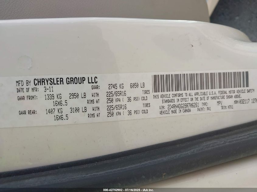 2011 Dodge Grand Caravan Express VIN: 2D4RN4DG2BR706261 Lot: 42752902