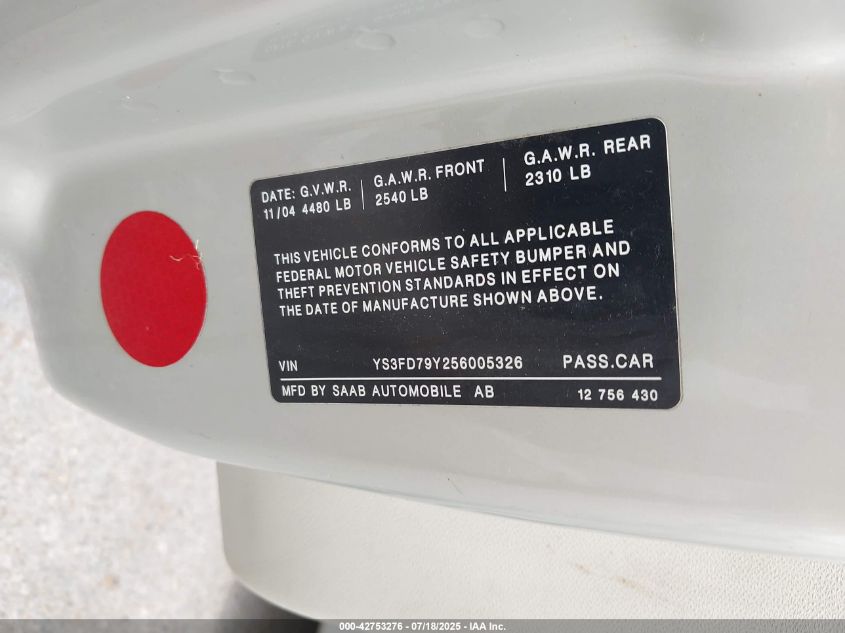 2005 Saab 9-3 Arc VIN: YS3FD79Y256005326 Lot: 42753276