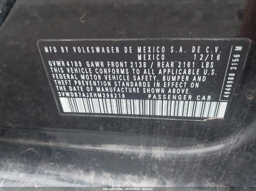 2017 Volkswagen Jetta 1.4T Se VIN: 3VWDB7AJXHM298218 Lot: 42753396