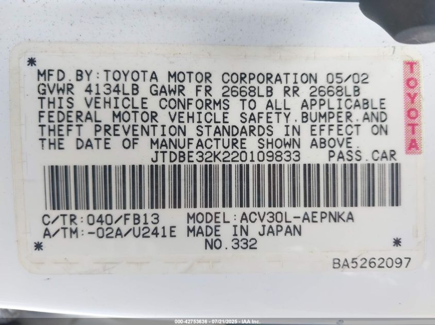 2002 Toyota Camry Le VIN: JTDBE32K220109833 Lot: 42753636