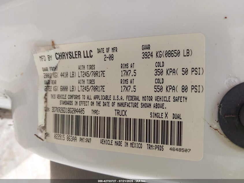 2008 Dodge Ram 2500 St/Sxt VIN: 3D7KR26D18G204405 Lot: 42753727