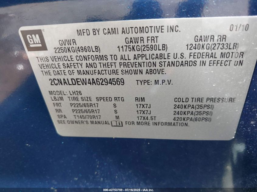 2010 Chevrolet Equinox Lt VIN: 2CNALDEW4A6295456 Lot: 42753759