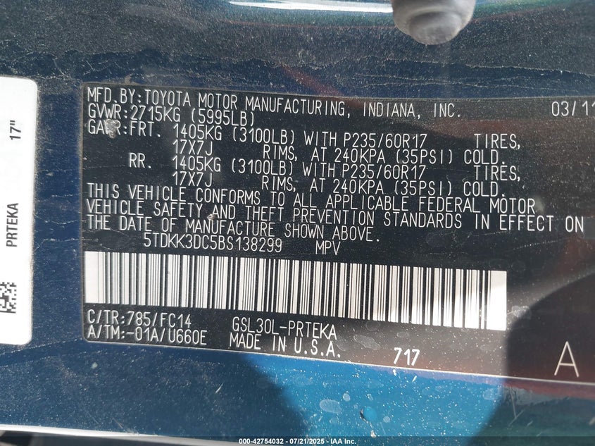 2011 Toyota Sienna Le V6 VIN: 5TDKK3DC5BS138299 Lot: 42754032