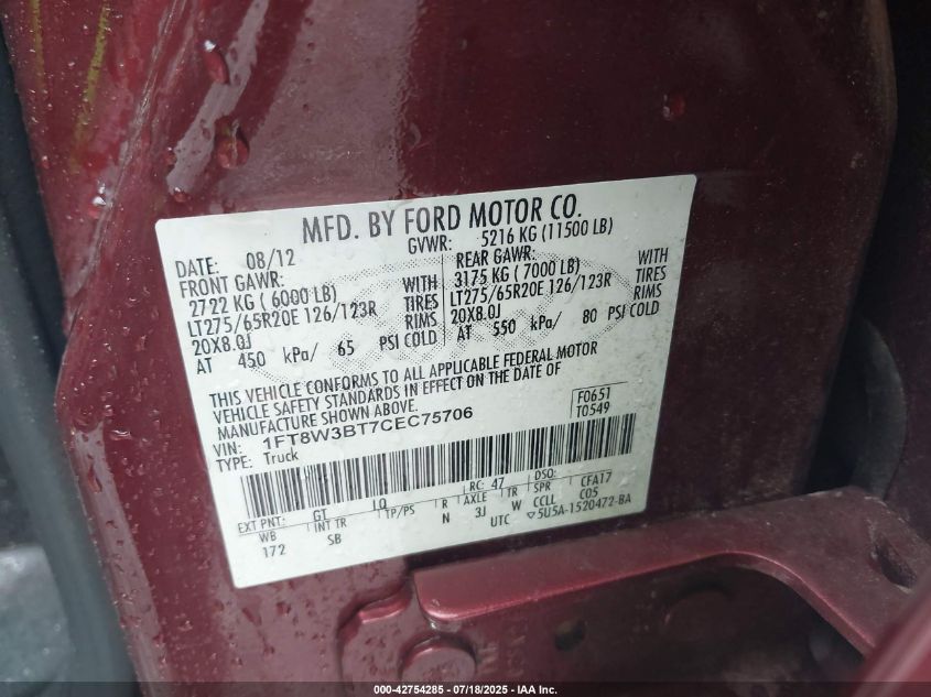 2012 Ford F-350 Lariat VIN: 1FT8W3BT7CEC75706 Lot: 42754285