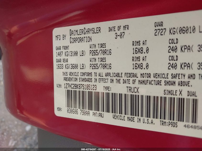 2007 Mitsubishi Raider Ls VIN: 1Z7HC28K87S185123 Lot: 42754287