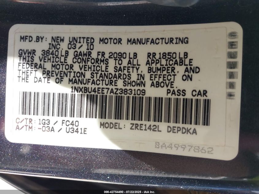 2010 Toyota Corolla Le VIN: 1NXBU4EE7AZ383109 Lot: 42754490