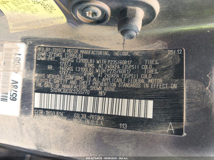 2012 Toyota Sienna Xle V6 8 Passenger VIN: 5TDYK3DC0CS255770 Lot: 42754526