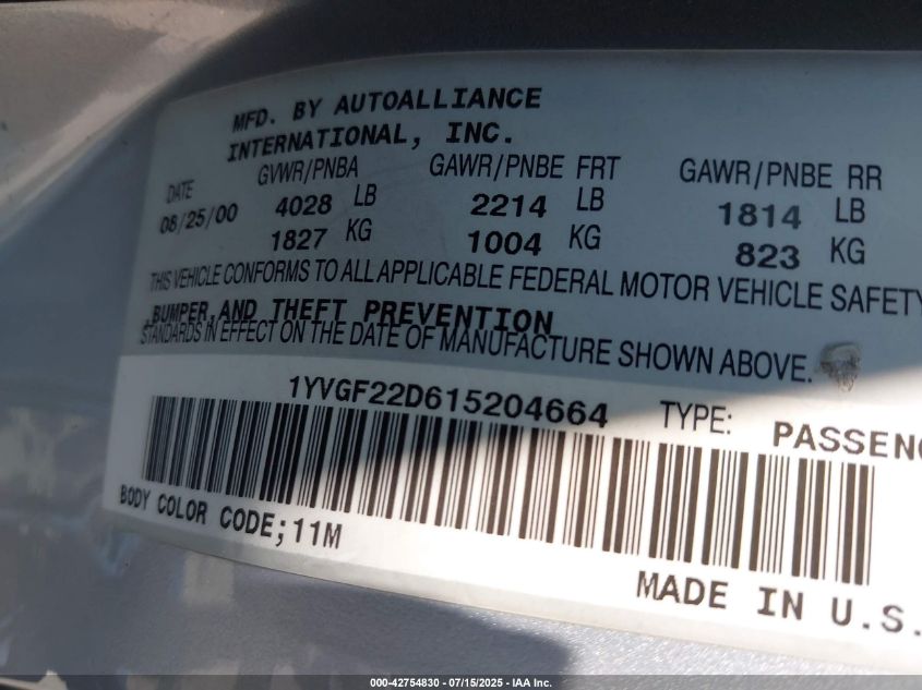 2001 Mazda 626 Es V6/Lx V6 VIN: 1YVGF22D615204664 Lot: 42754830