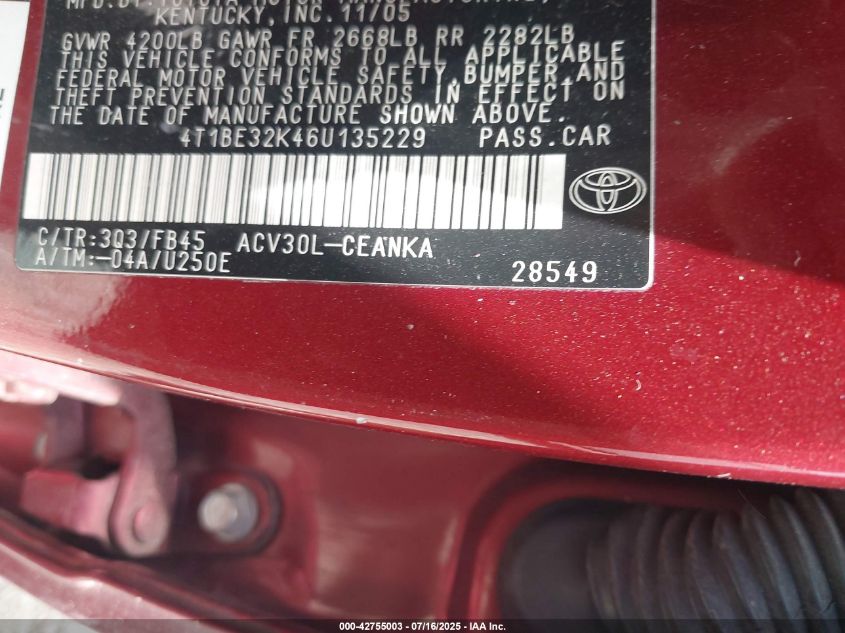 2006 Toyota Camry Le VIN: 4T1BE32K46U135229 Lot: 42755003