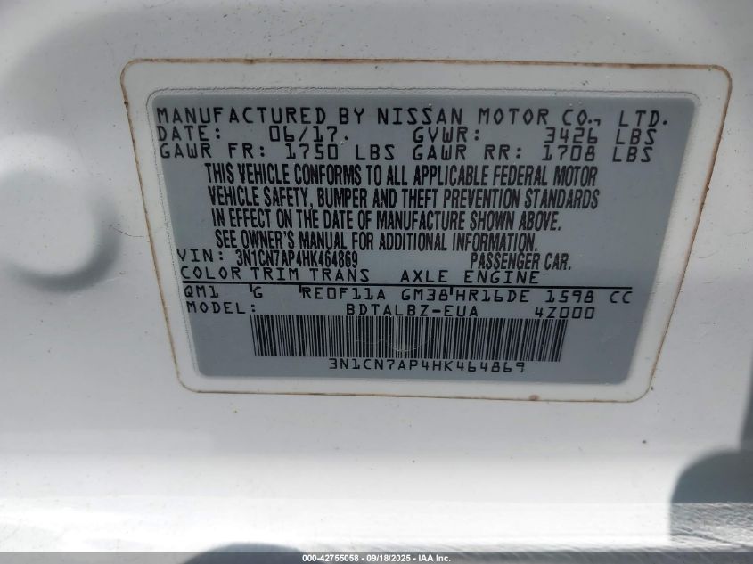 2017 Nissan Versa 1.6 Sv VIN: 3N1CN7AP4HK464869 Lot: 42755058