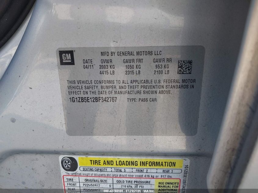 2011 Chevrolet Malibu Ls VIN: 1G1ZB5E12BF342767 Lot: 42755108