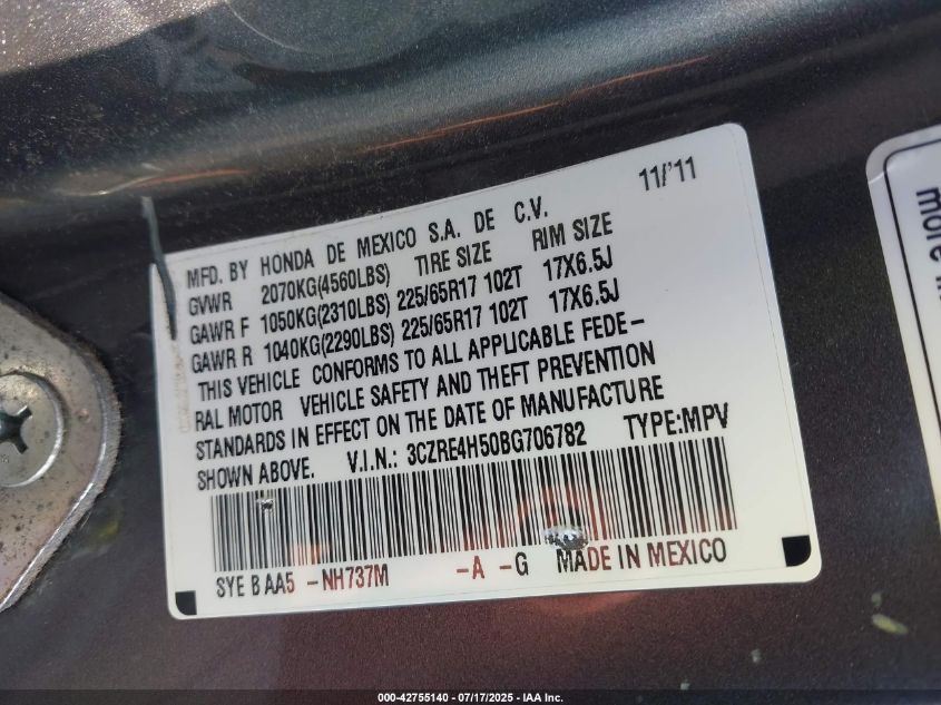 2011 Honda Cr-V Ex VIN: 3CZRE4H50BG706782 Lot: 42755140