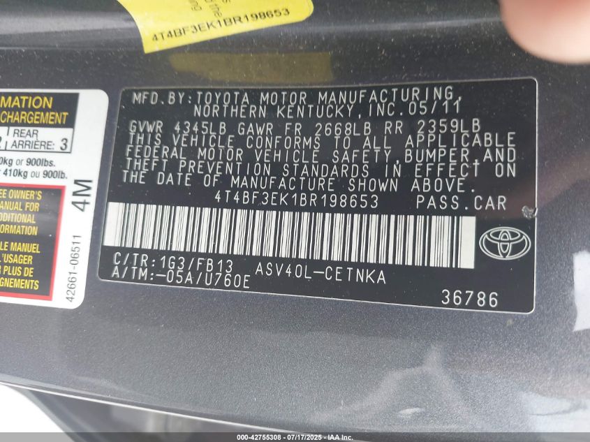 2011 Toyota Camry Le/Se/Xle VIN: 4T4BF3EK1BF198653 Lot: 42755308