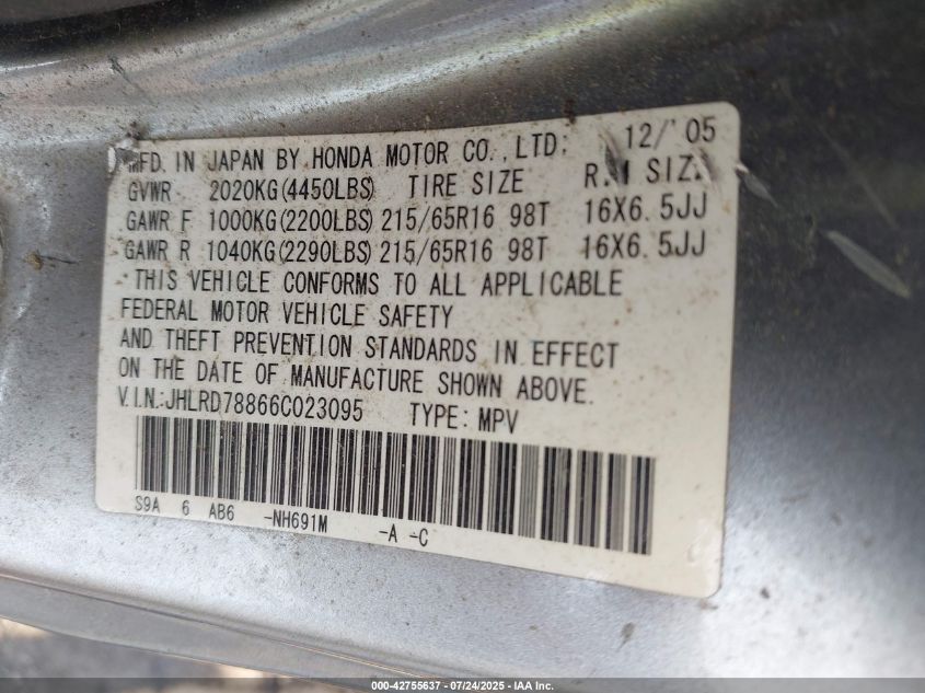 2006 Honda Cr-V Ex VIN: JHLRD78866C023095 Lot: 42755637