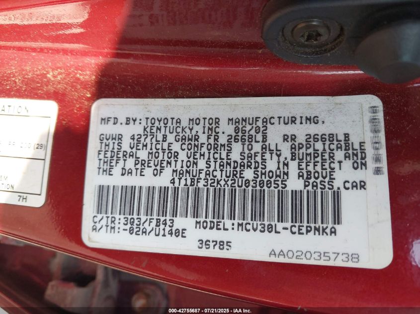 2002 Toyota Camry Le V6 VIN: 4T1BF32KX2U030055 Lot: 42755687