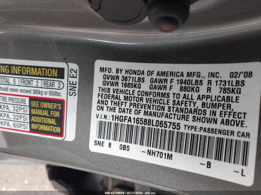 2008 Honda Civic Lx VIN: 1HGFA16588L065755 Lot: 42756054
