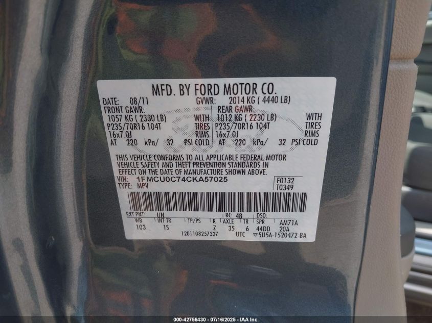 2012 Ford Escape Xls VIN: 1FMCU0C74CKA57025 Lot: 42756430