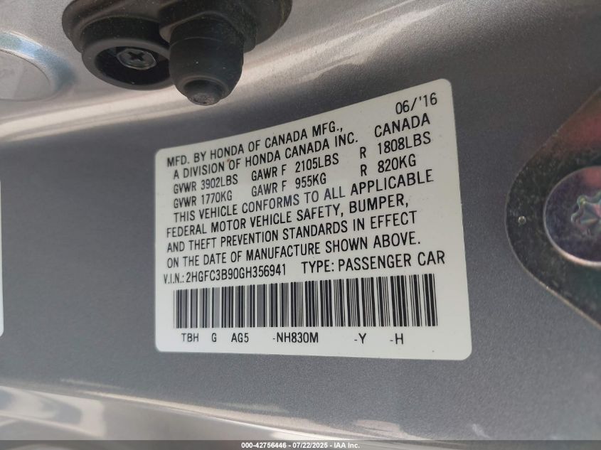 2016 Honda Civic Touring VIN: 2HGFC3B90GH356941 Lot: 42756446