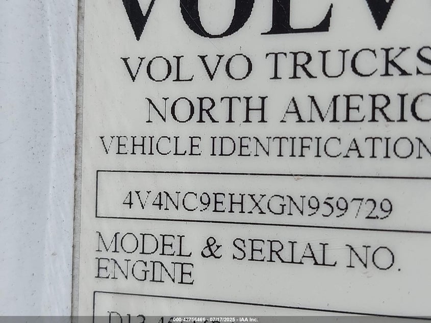 2016 Volvo Vn Vnl VIN: 4V4NC9EHXGN959729 Lot: 42756466