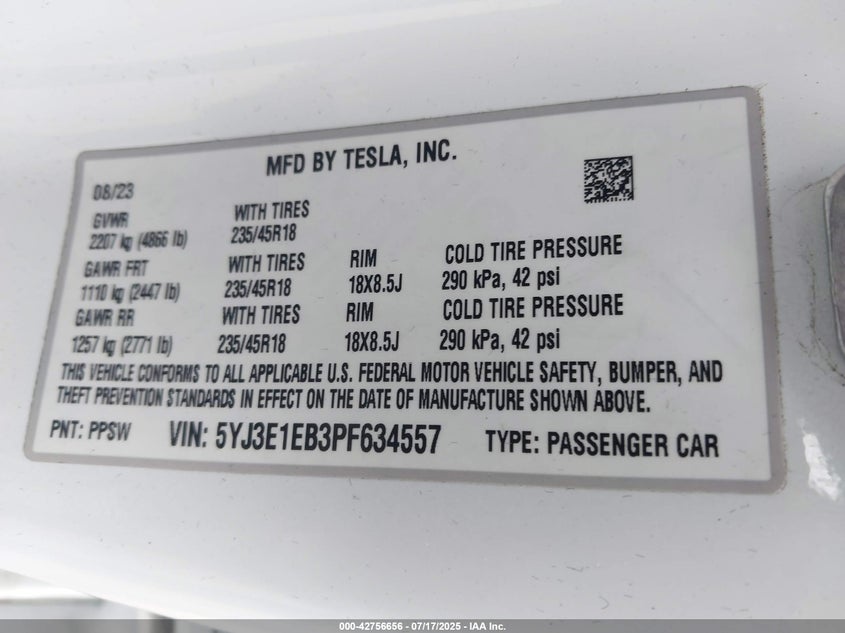 2023 Tesla Model 3 Long Range Dual Motor All-Wheel Drive VIN: 5YJ3E1EB3PF634557 Lot: 42756656