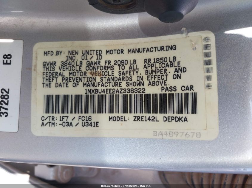 2010 Toyota Corolla Le VIN: 1NXBU4EE2AZ338322 Lot: 42756680