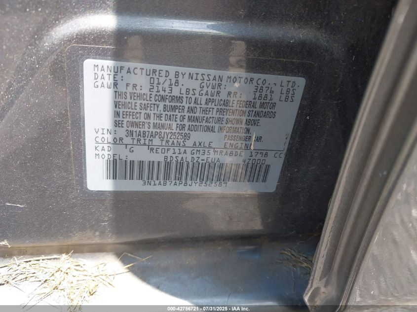 2018 Nissan Sentra Sv VIN: 3N1AB7AP8JY252589 Lot: 42756721