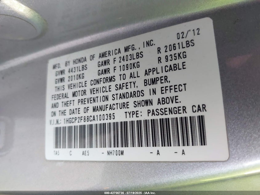 2012 Honda Accord 2.4 Ex-L VIN: 1HGCP2F88CA100395 Lot: 42756736